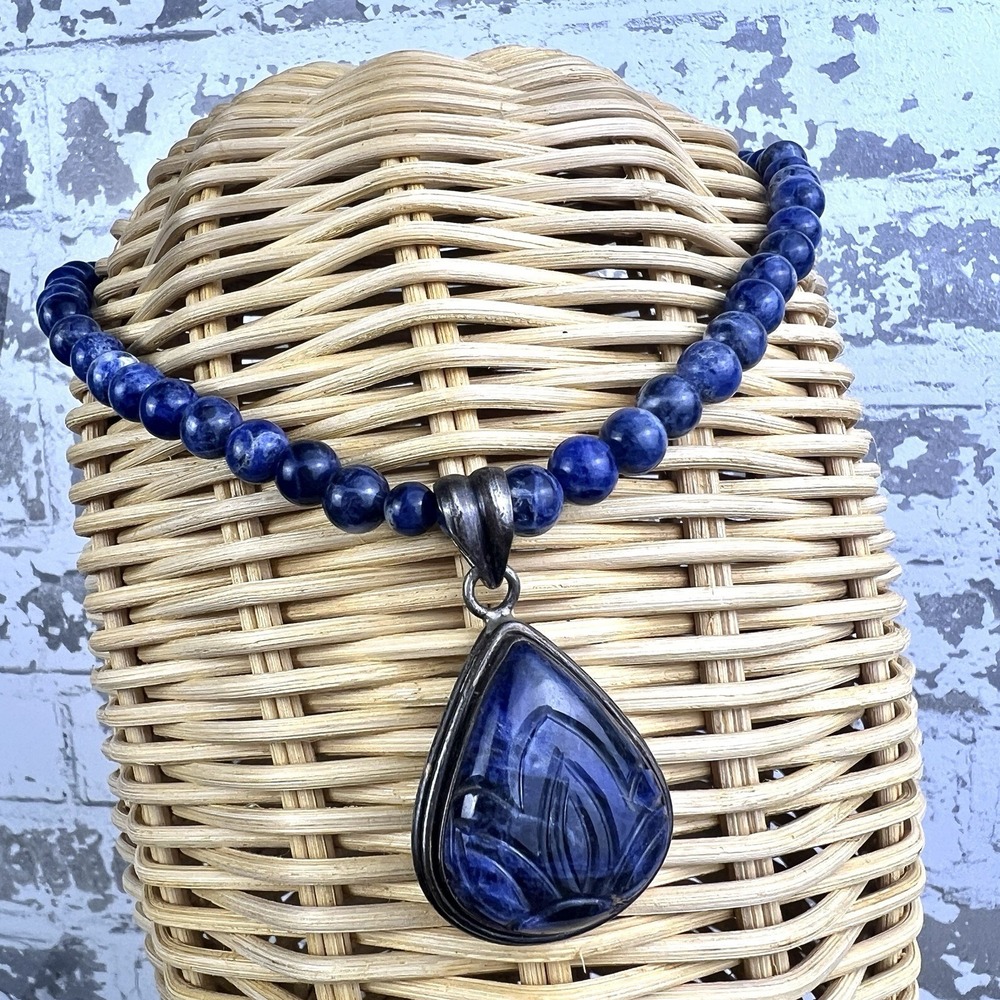 Blue Sodalite Bead Necklace Carved Lotus Pendant 18" Truth Wisdom Clarity
